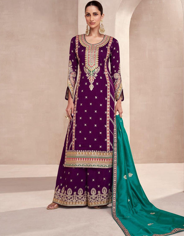 Designer Function Wear Heavy Readymade Salwar Suit Collection Purple Premium Silk Palazzo Straight Front View